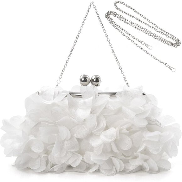 Women's White Floral Elegant Detachable Chain Party Wedding Prom Clutch Bag - Picture 1 of 8